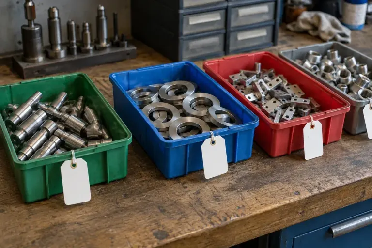 Small manufactured metal components separated into clearly distinct trays with blank traceability tags.