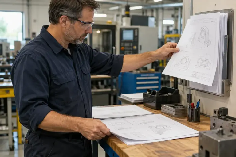 A manufacturing supervisor replacing an obsolete printed drawing at a clean workbench.