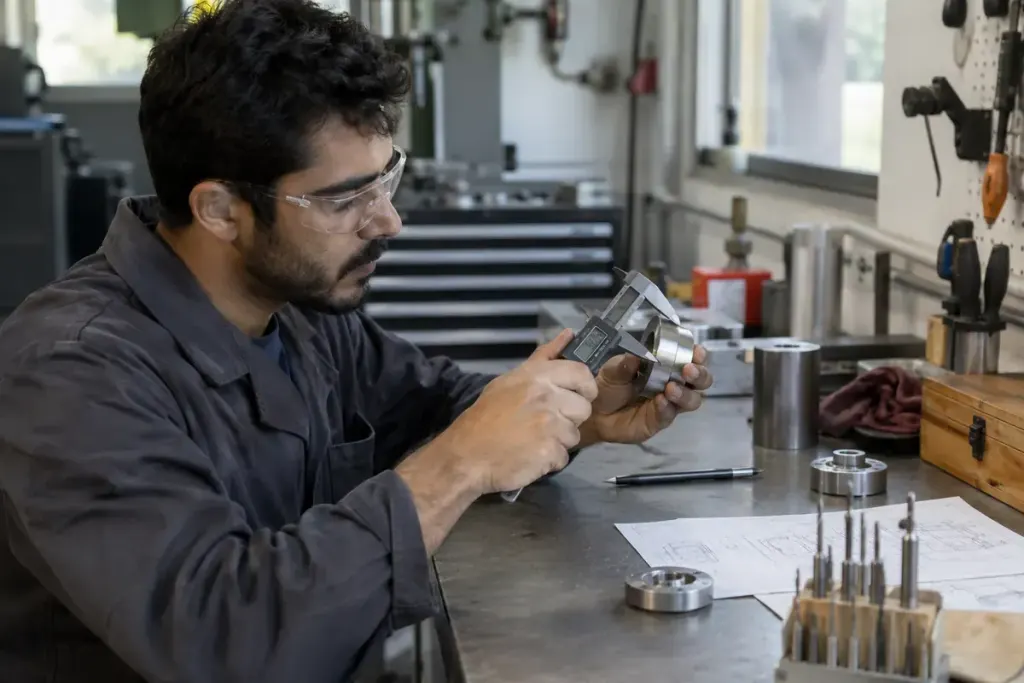 A machinist measuring a metal component with a digital caliper at a tidy workbench.