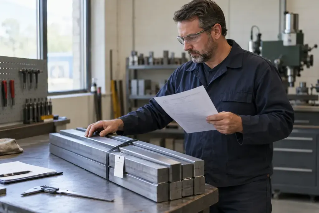 A workshop inspector matching a paper certificate with labelled metal stock on a clean workbench.