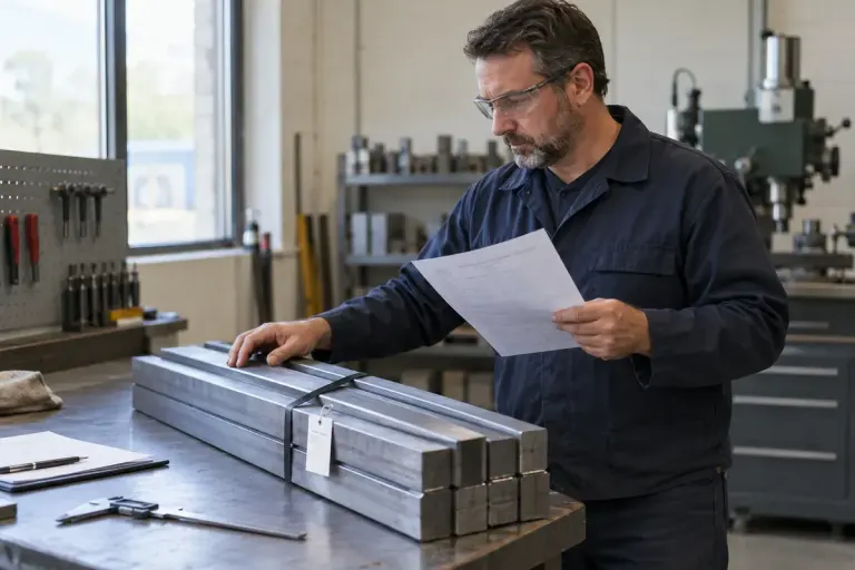 A workshop inspector matching a paper certificate with labelled metal stock on a clean workbench.