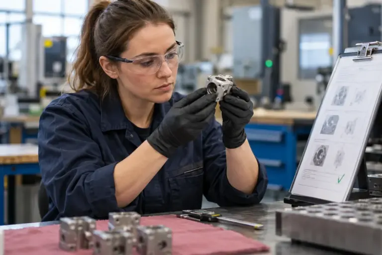 A manufacturing technician inspecting a small metal component beside an approved work instruction.