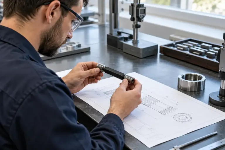 A technician comparing a thread gauge with an engineering drawing.