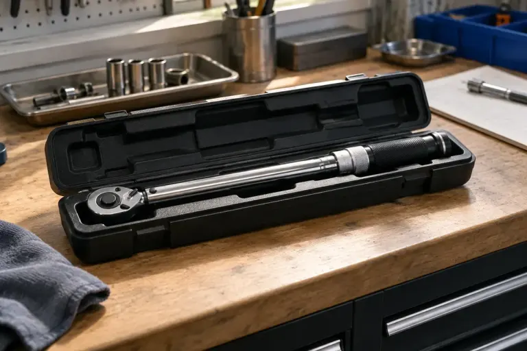 A torque wrench resting in its fitted case on a clean engineering workbench.