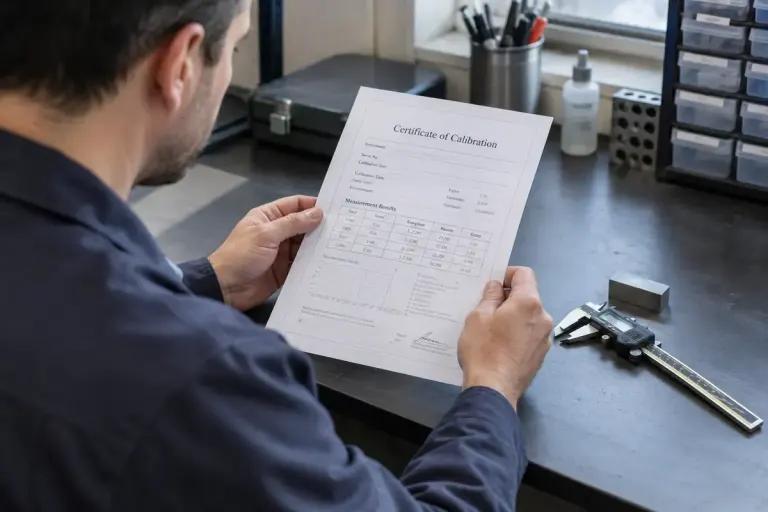 A technician reviewing a measurement instrument certificate beside a digital caliper on a clean bench.
