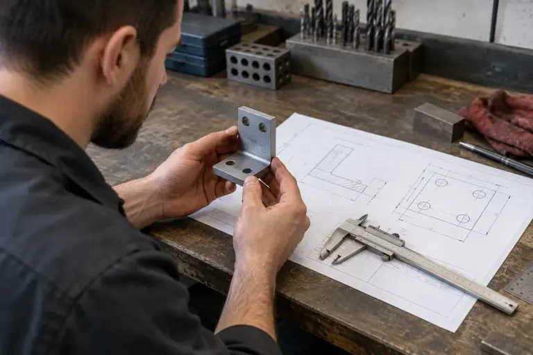 An engineer comparing a metal bracket, drawing and caliper on a workshop bench.