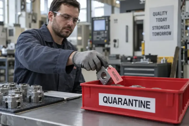 A factory technician placing a labelled component in a designated quarantine tray.