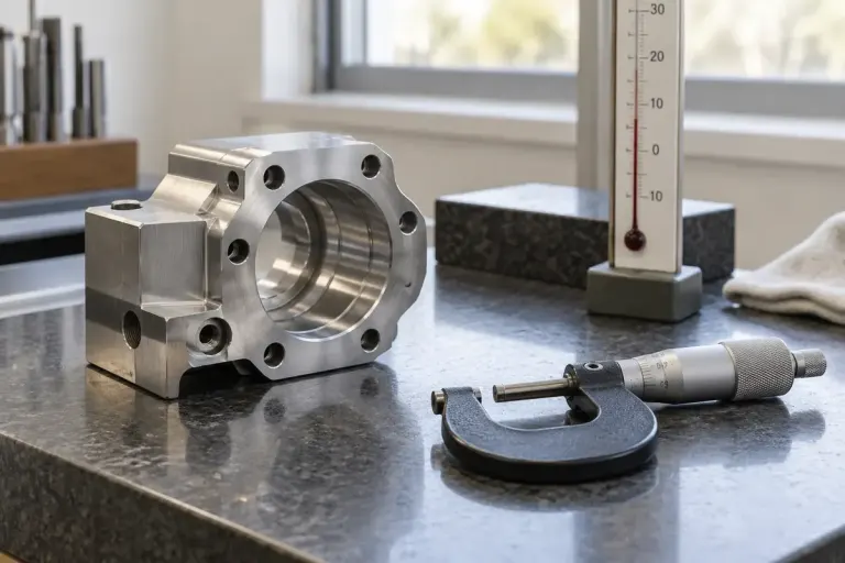 A machined metal part resting beside a micrometer on a clean inspection bench with a room thermometer.