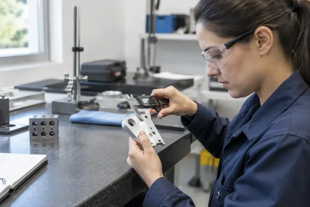 Quality technician measuring a simple machined metal bracket with a digital caliper at a clean inspection bench.