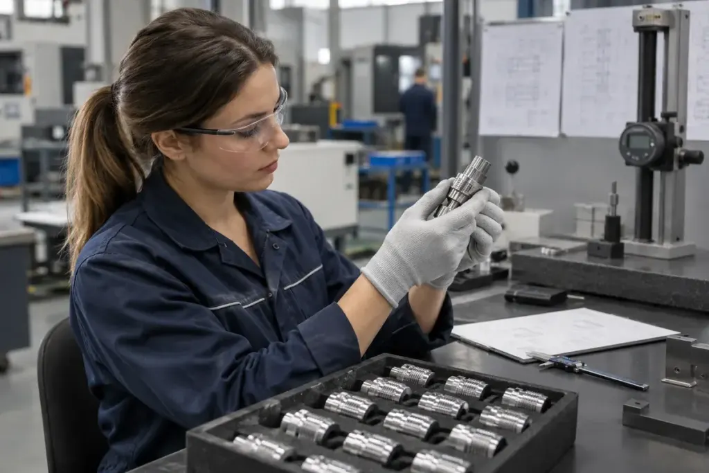 Quality technician comparing manufactured metal parts with a retained sample in protective tray, document revision sheet without readable text.