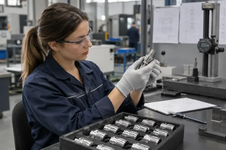 Quality technician comparing manufactured metal parts with a retained sample in protective tray, document revision sheet without readable text.