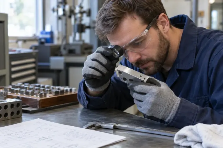 Quality inspector using magnification to examine a machined metal edge on a workbench, appropriate protective glasses, no bare finger on sharp edge.