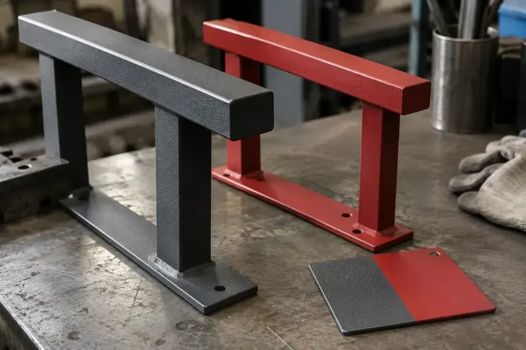 Powder-coated steel samples and railing pieces on an industrial workbench.