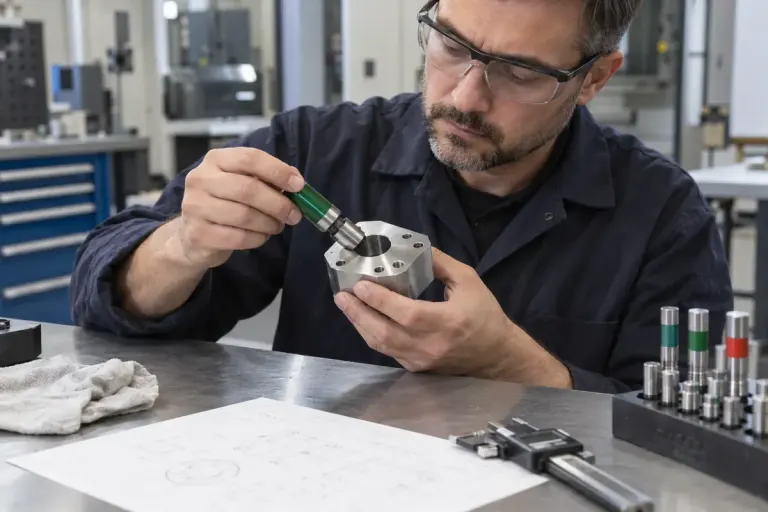 A factory inspector checking a machined part with a plain plug gauge at a clean workbench.